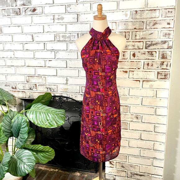 Vintage 90s Bright Pink Orange Geometric Print Mock Neck Halter Mini Dress Small - Picture 2 of 7